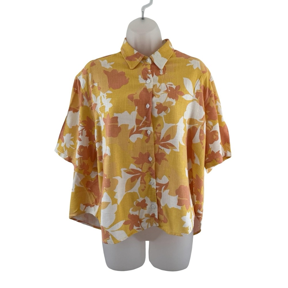 Stillwater Shirt Womens Small Yellow Tropical Floral Linen Button Front Top Boho